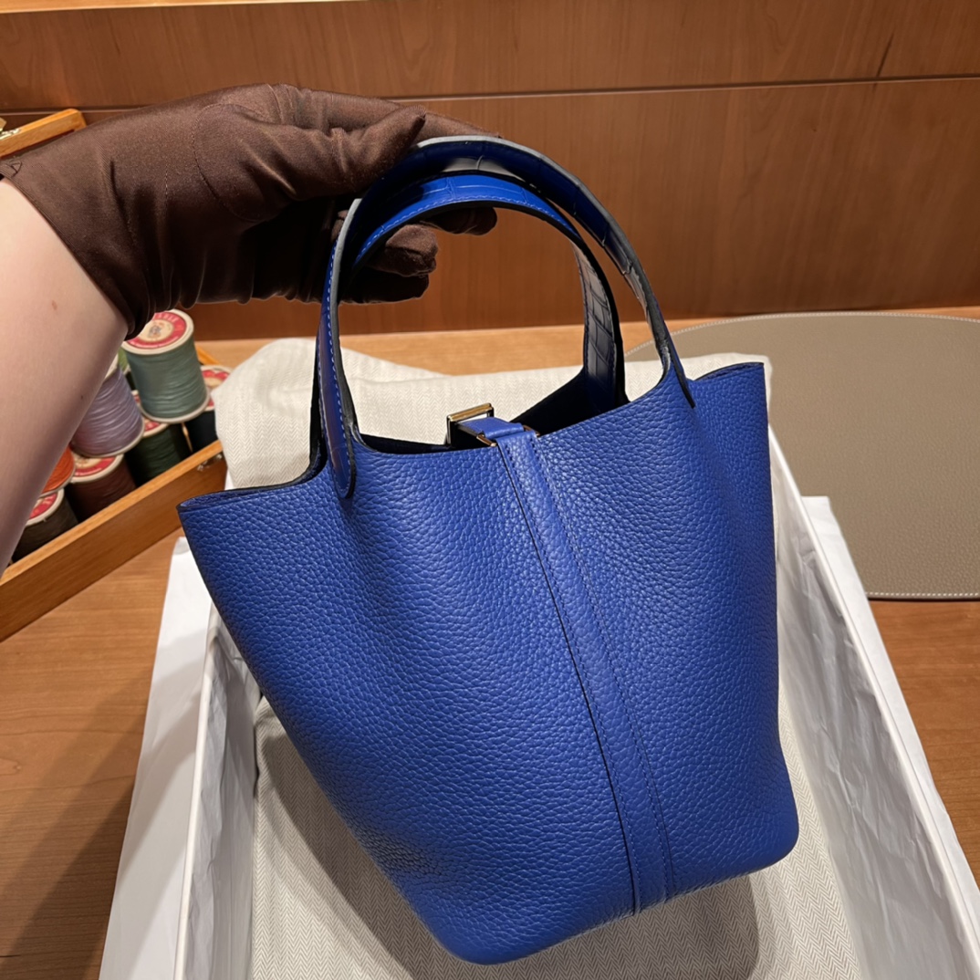 에르메스 피코탄 락18 블루 금장 끌레망스 악어가죽 핸들